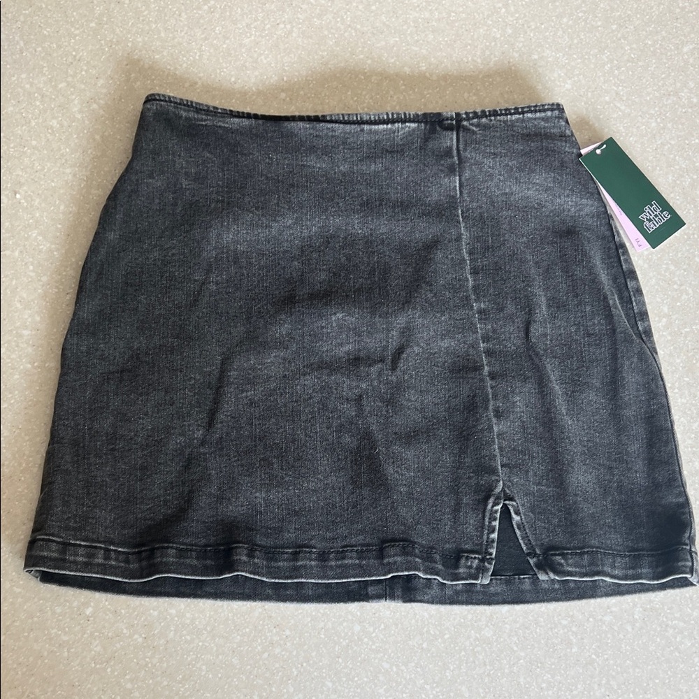 wild fable Black Washed Denim Mini Skirt with Front Notch Detail